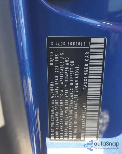 2012 Volkswagen Golf R from USA, damaged, VIN WVWRF7AJ2CW290281